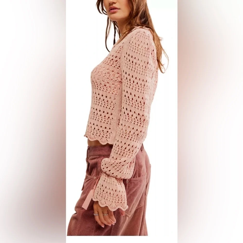 Free People Pointelle Knit Collared Sweater, Mauve Rose, Size M